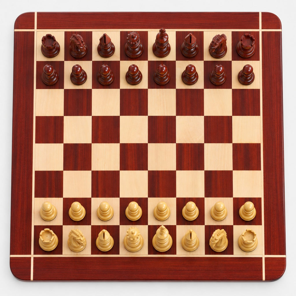 Luxury 4.3" Tilted Knight Staunton Chess Set - Bud Rosewood & Boxwood Pieces with 23" Bud Rosewood & Maple Chessboard and Storage Box - chessboard top view