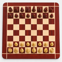 Luxury 4.3" Tilted Knight Staunton Chess Set - Bud Rosewood & Boxwood Pieces with 23" Bud Rosewood & Maple Chessboard and Storage Box - chessboard top view