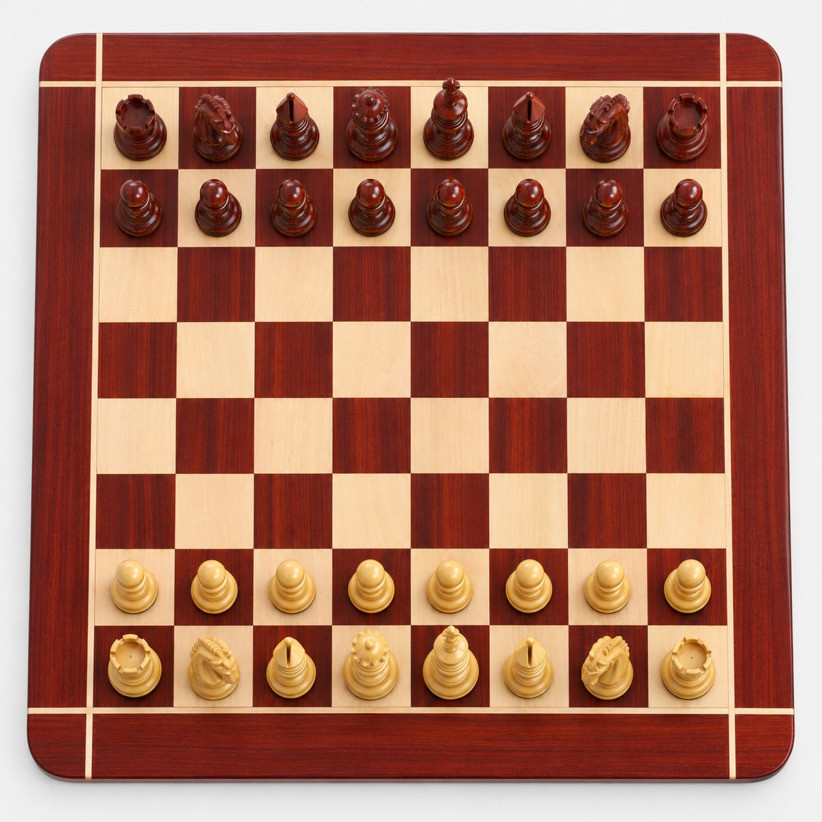 Luxury 4.3" Tilted Knight Staunton Chess Set - Bud Rosewood & Boxwood Pieces with 23" Bud Rosewood & Maple Chessboard and Storage Box - chessboard top view
