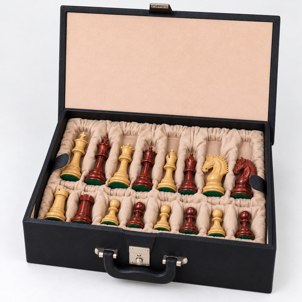 Luxury 4.3" Tilted Knight Staunton Chess Set - Bud Rosewood & Boxwood Pieces with 23" Bud Rosewood & Maple Chessboard and Storage Box - storage box