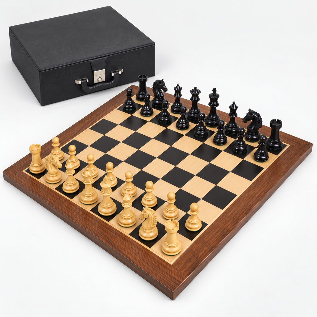 Luxury 4.3" Tilted Knight Staunton Chess Set Combo - Ebony & Boxwood Pieces with 23" Ebony and Maple Wood Chessboard and Storage Box - complete set