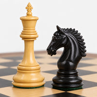 Luxury 4.3" Tilted Knight Staunton Chess Set Combo - Ebony & Boxwood Pieces with 23" Ebony and Maple Wood Chessboard and Storage Box - king and knight close-up