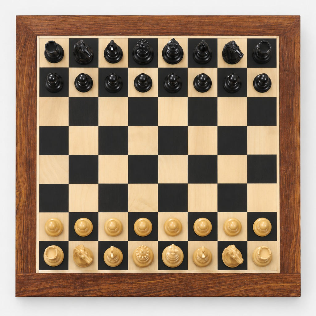 Luxury 4.3" Tilted Knight Staunton Chess Set Combo - Ebony & Boxwood Pieces with 23" Ebony and Maple Wood Chessboard and Storage Box - chessboard top view