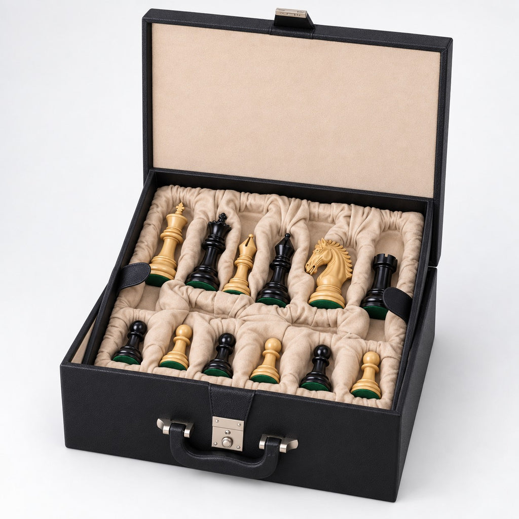 Luxury 4.3" Tilted Knight Staunton Chess Set Combo - Ebony & Boxwood Pieces with 23" Ebony and Maple Wood Chessboard and Storage Box - storage box