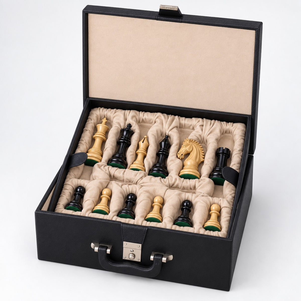 Luxury 4.3" Tilted Knight Staunton Chess Set Combo - Ebony & Boxwood Pieces with 23" Ebony and Maple Wood Chessboard and Storage Box - storage box