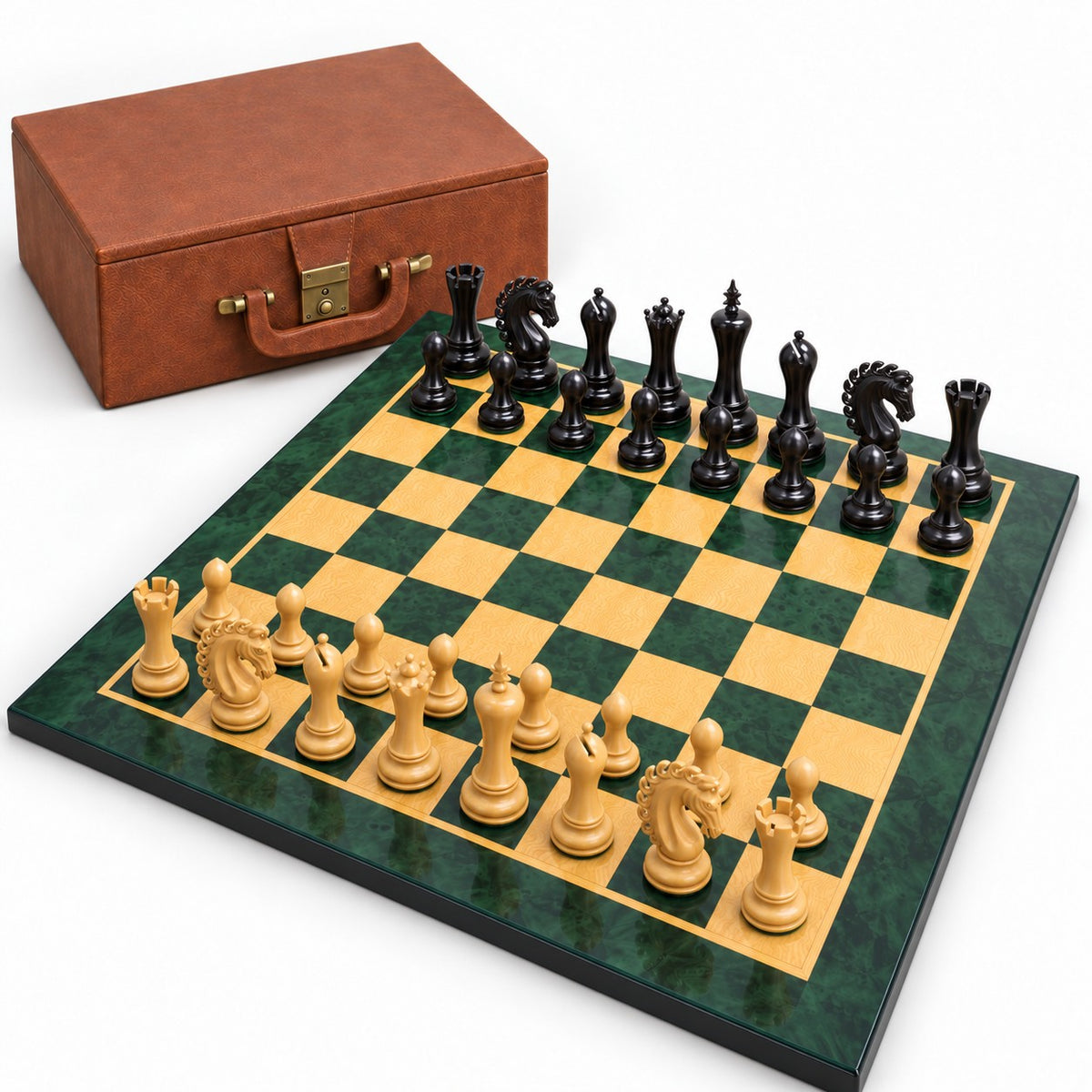 Luxury 4.6-Inch Avant-Garde Ebony Staunton Chess Set with Printed Burl Chessboard and Storage Box - complete set