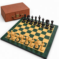 Luxury 4.6-Inch Avant-Garde Ebony Staunton Chess Set with Printed Burl Chessboard and Storage Box - complete set