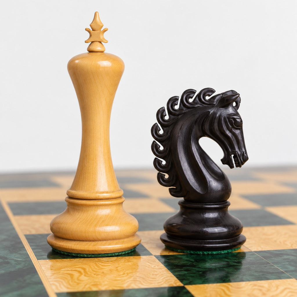 Luxury 4.6-Inch Avant-Garde Ebony Staunton Chess Set with Printed Burl Chessboard and Storage Box - king and knight close-up