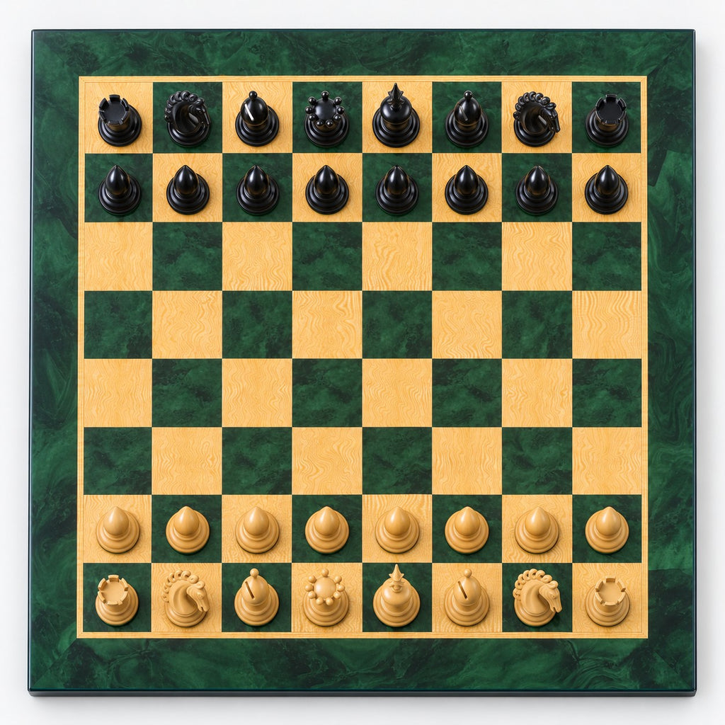 Luxury 4.6-Inch Avant-Garde Ebony Staunton Chess Set with Printed Burl Chessboard and Storage Box - chessboard top view