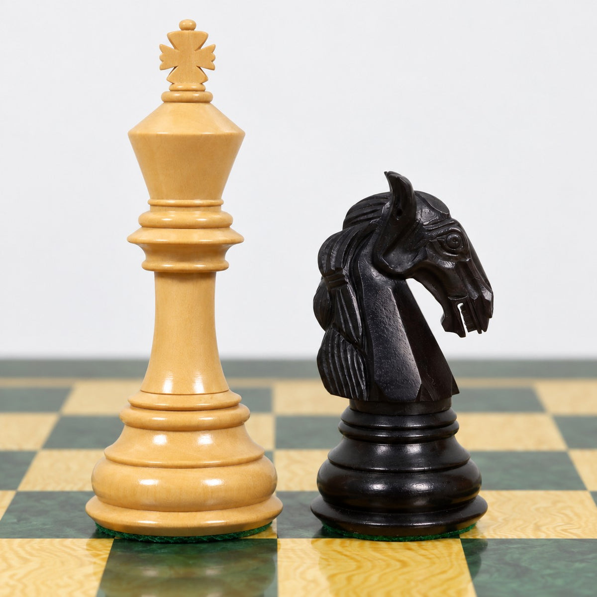 Luxury 4.6" Colombian Ebony Wood Chess Set with 22" Printed Board and Storage Box - king and knight close-up