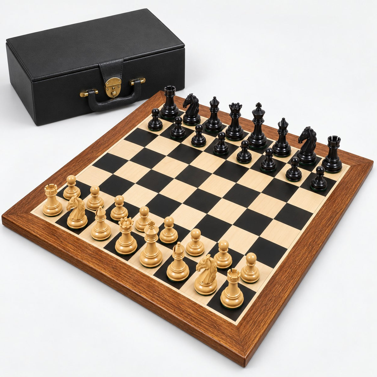 Luxury 4.6-Inch Colombian Staunton Chess Set in Ebony with 23-Inch Ebony & Maple Board and Storage Box - complete set