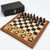 Luxury 4.6-Inch Colombian Staunton Chess Set in Ebony with 23-Inch Ebony & Maple Board and Storage Box - complete set
