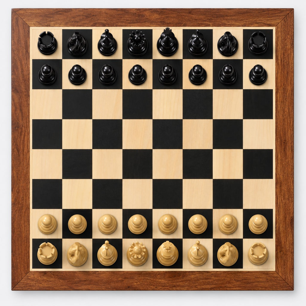 Luxury 4.6-Inch Colombian Staunton Chess Set in Ebony with 23-Inch Ebony & Maple Board and Storage Box - chessboard top view