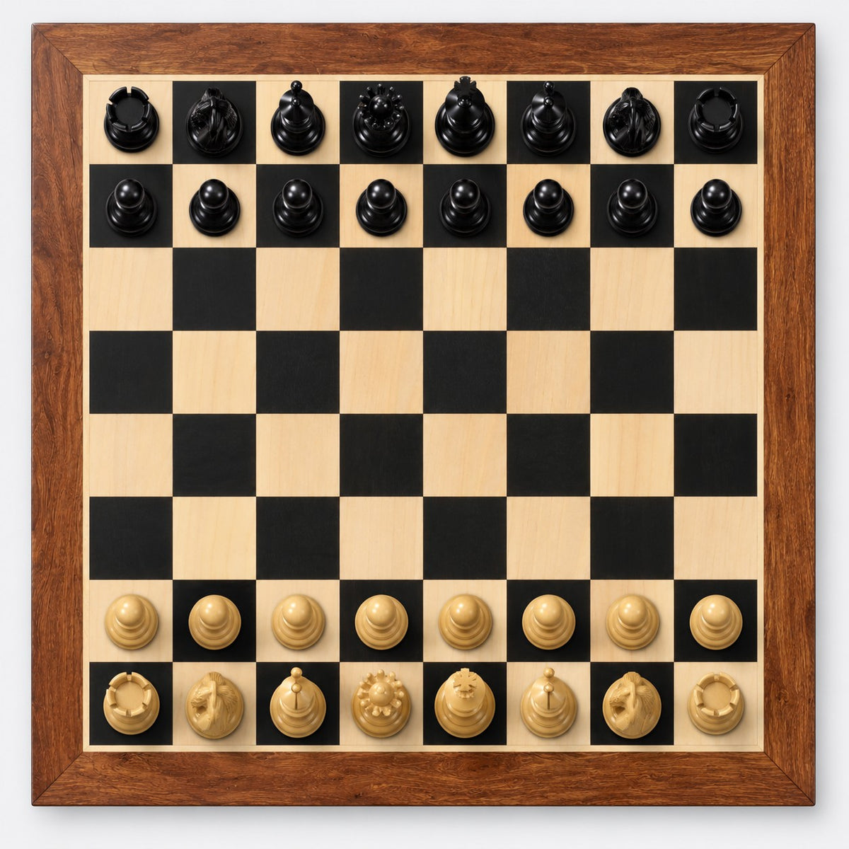 Luxury 4.6-Inch Colombian Staunton Chess Set in Ebony with 23-Inch Ebony & Maple Board and Storage Box - chessboard top view