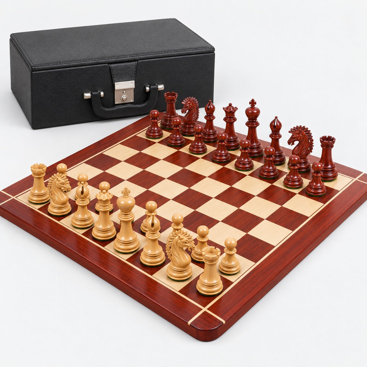 Luxury 4.6-Inch Mogul Staunton Bud Rosewood Chess Set with Chessboard and Storage Box - complete set