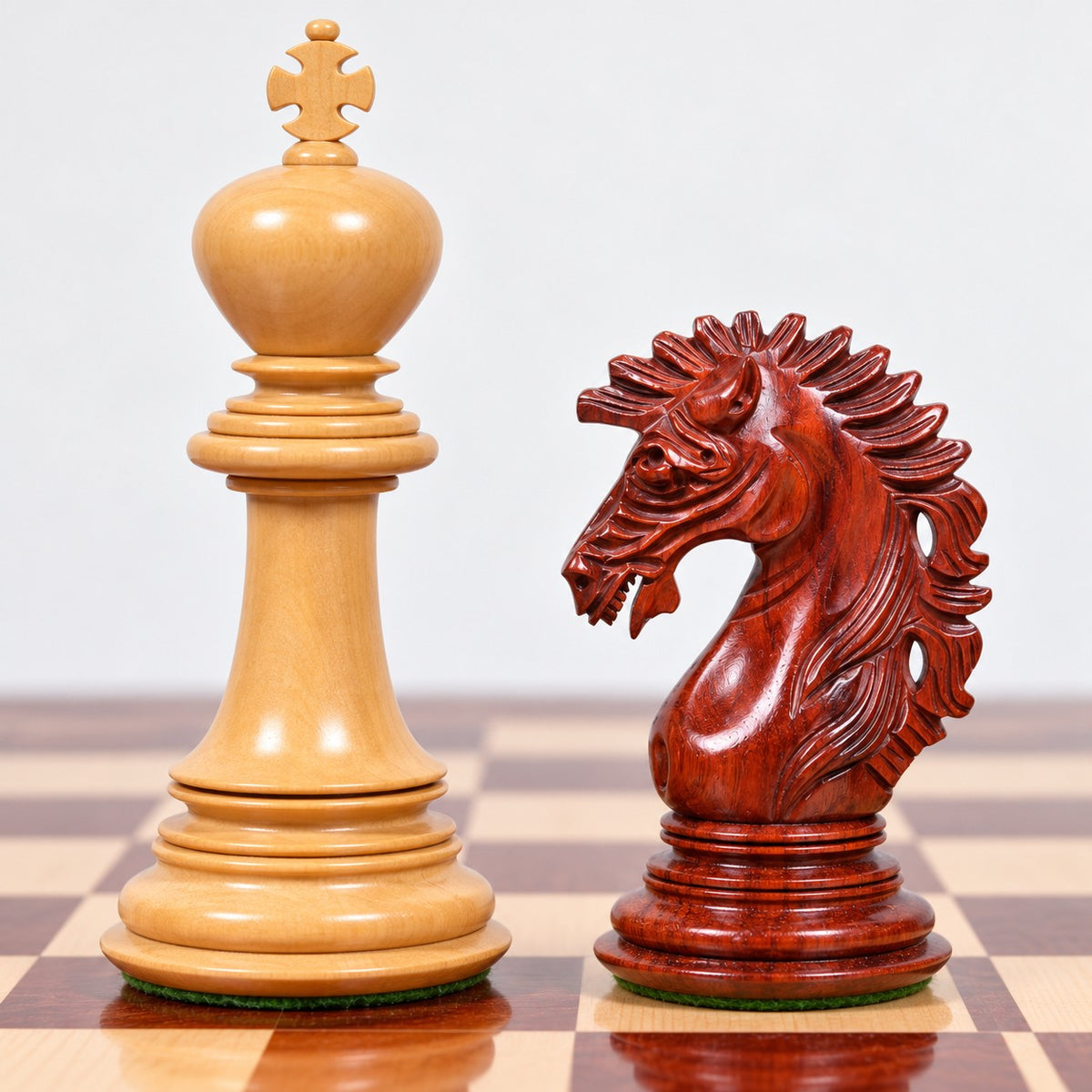 Luxury 4.6-Inch Mogul Staunton Bud Rosewood Chess Set with Chessboard and Storage Box - king and knight close-up