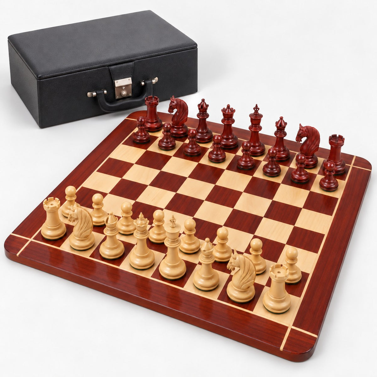 Luxury 4.6" Staunton Chess Set Combo with Bud Rosewood Pieces, Wooden Board & Storage Box - complete set