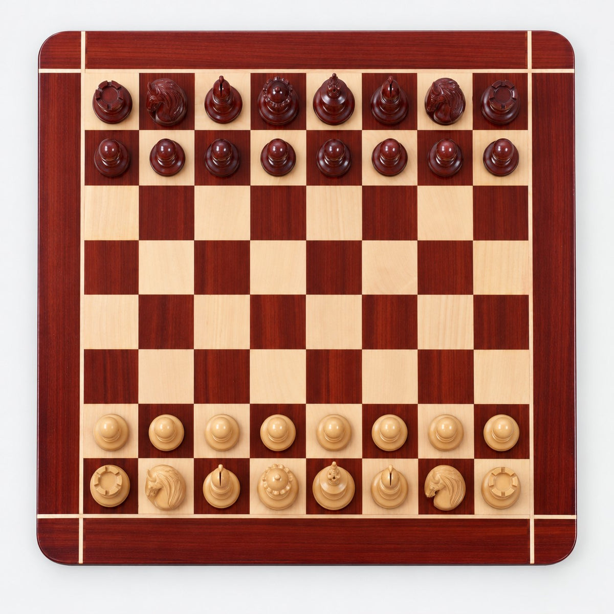 Luxury 4.6" Staunton Chess Set Combo with Bud Rosewood Pieces, Wooden Board & Storage Box - chessboard top view