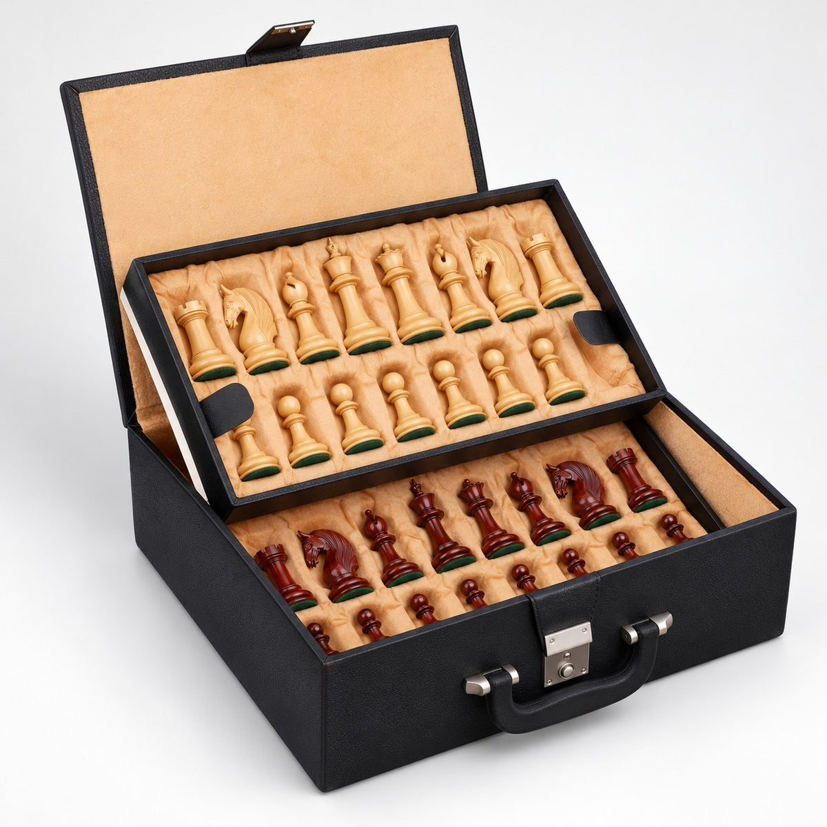 Luxury 4.6" Staunton Chess Set Combo with Bud Rosewood Pieces, Wooden Board & Storage Box - storage box