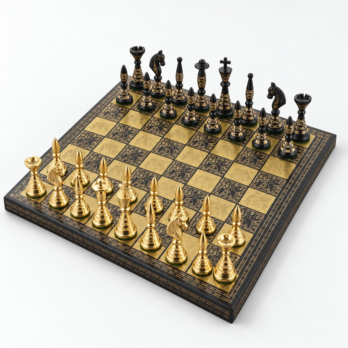 Luxury Solid Brass Chess Set with Tribal Artwork Pieces & Board - Black & Gold, 12-Inch - complete set
