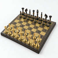 Luxury Solid Brass Chess Set with Tribal Artwork Pieces & Board - Black & Gold, 12-Inch - complete set
