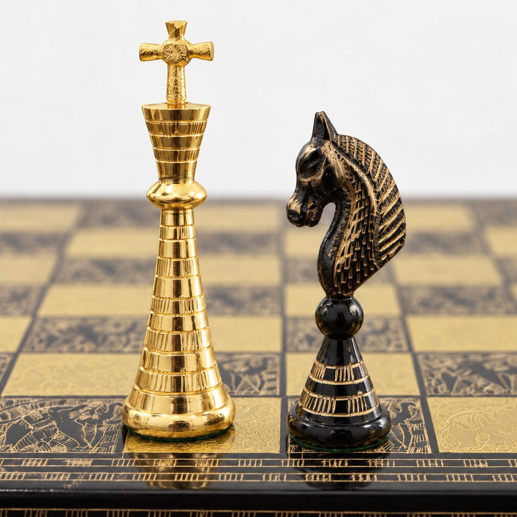 Luxury Solid Brass Chess Set with Tribal Artwork Pieces & Board - Black & Gold, 12-Inch - king and knight close-up