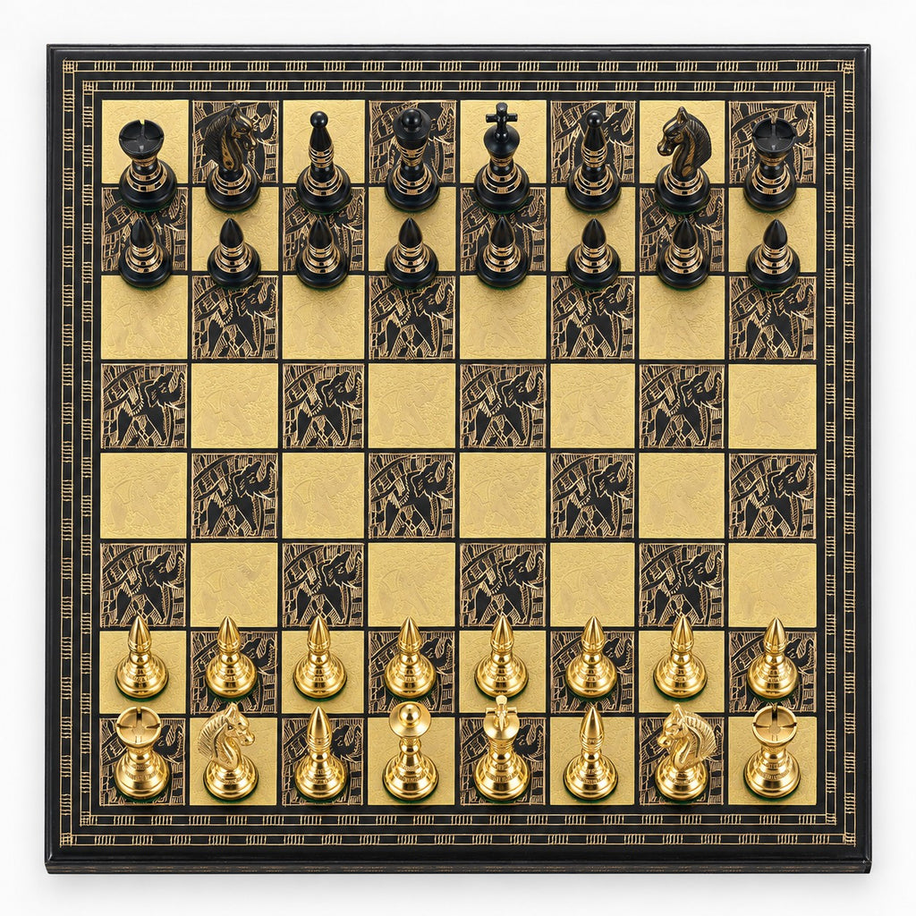 Luxury Solid Brass Chess Set with Tribal Artwork Pieces & Board - Black & Gold, 12-Inch - chessboard top view