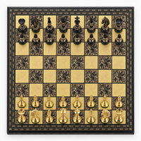 Luxury Solid Brass Chess Set with Tribal Artwork Pieces & Board - Black & Gold, 12-Inch - chessboard top view