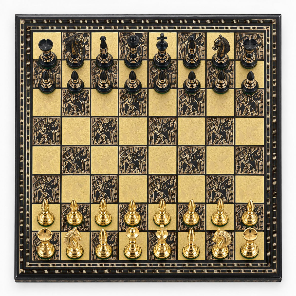 Luxury Solid Brass Chess Set with Tribal Artwork Pieces & Board - Black & Gold, 12-Inch - chessboard top view