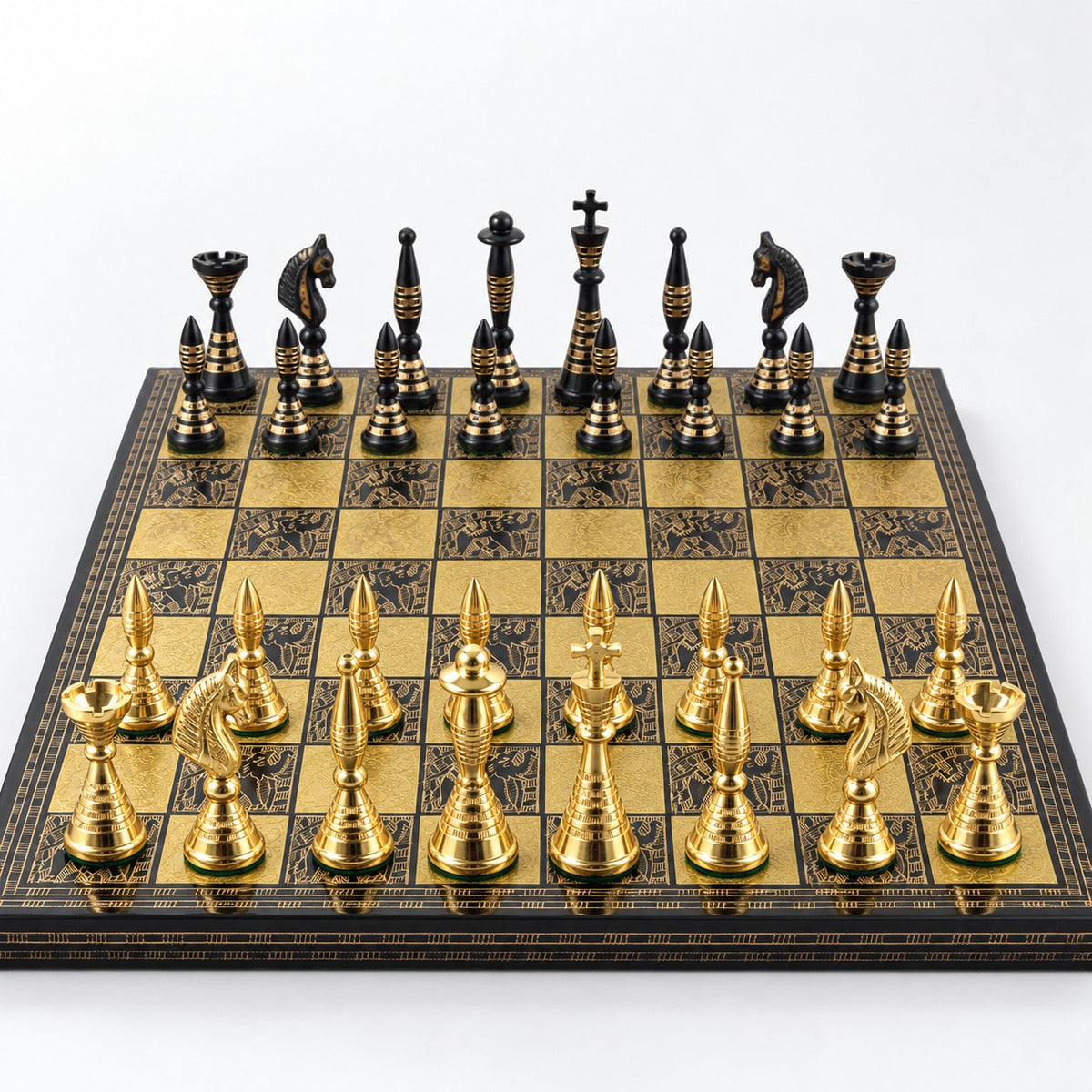 Luxury Solid Brass Chess Set with Tribal Artwork Pieces & Board - Black & Gold, 12-Inch - low angle view