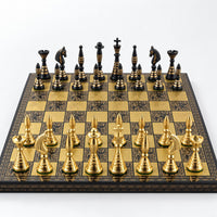 Luxury Solid Brass Chess Set with Tribal Artwork Pieces & Board - Black & Gold, 12-Inch - low angle view