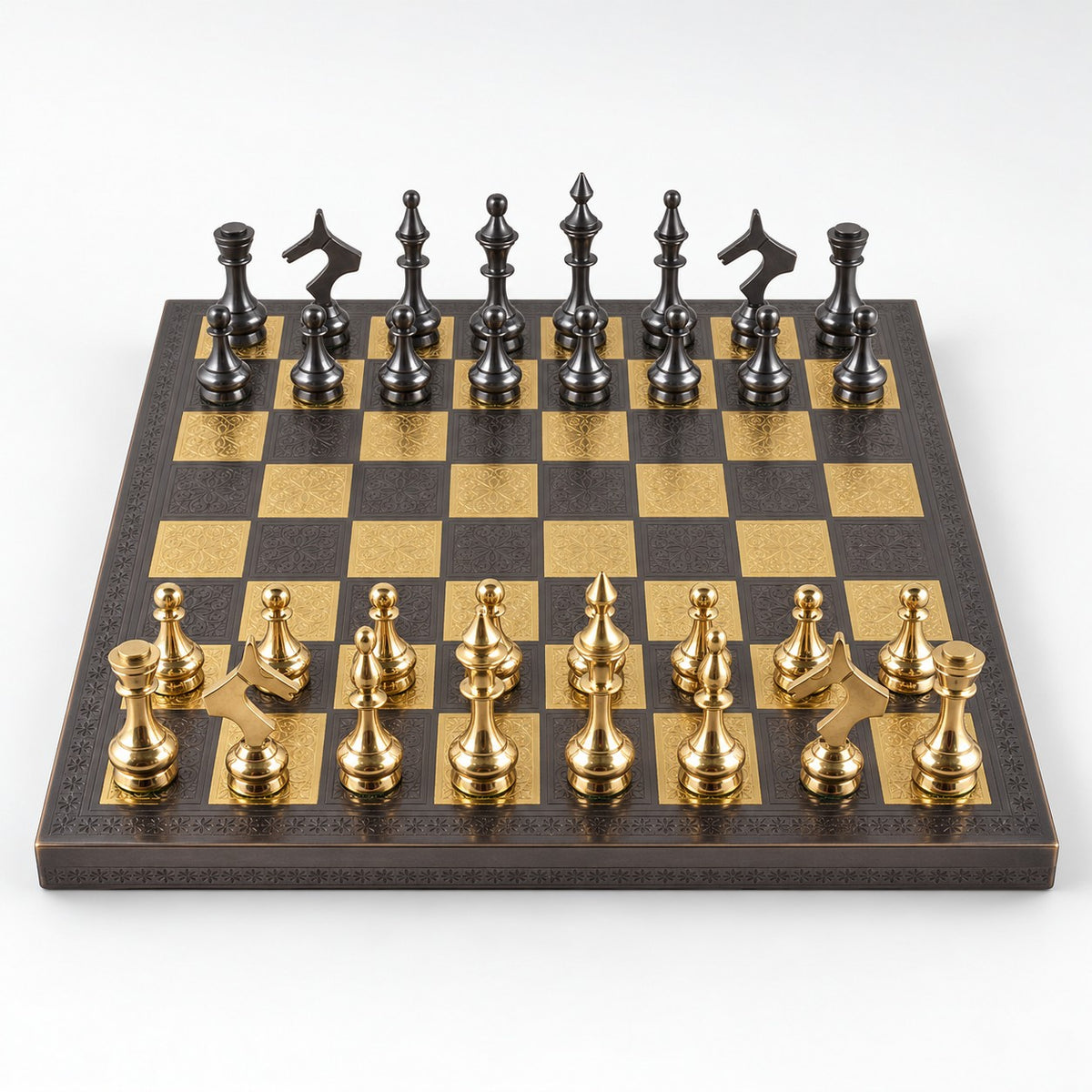 Luxury Soviet Brass Chess Set with Metal Pieces & Board - 12-Inch Steel Gray & Gold Edition - complete set