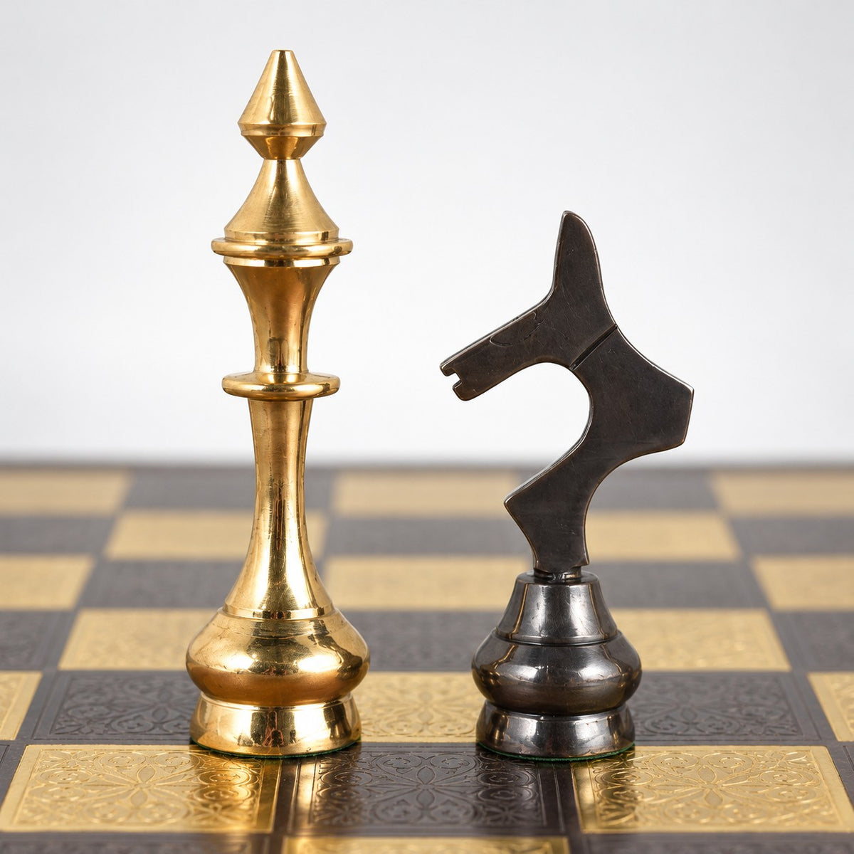 Luxury Soviet Brass Chess Set with Metal Pieces & Board - 12-Inch Steel Gray & Gold Edition - king and knight close-up