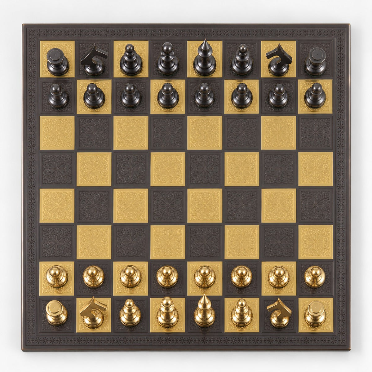 Luxury Soviet Brass Chess Set with Metal Pieces & Board - 12-Inch Steel Gray & Gold Edition - chessboard top view