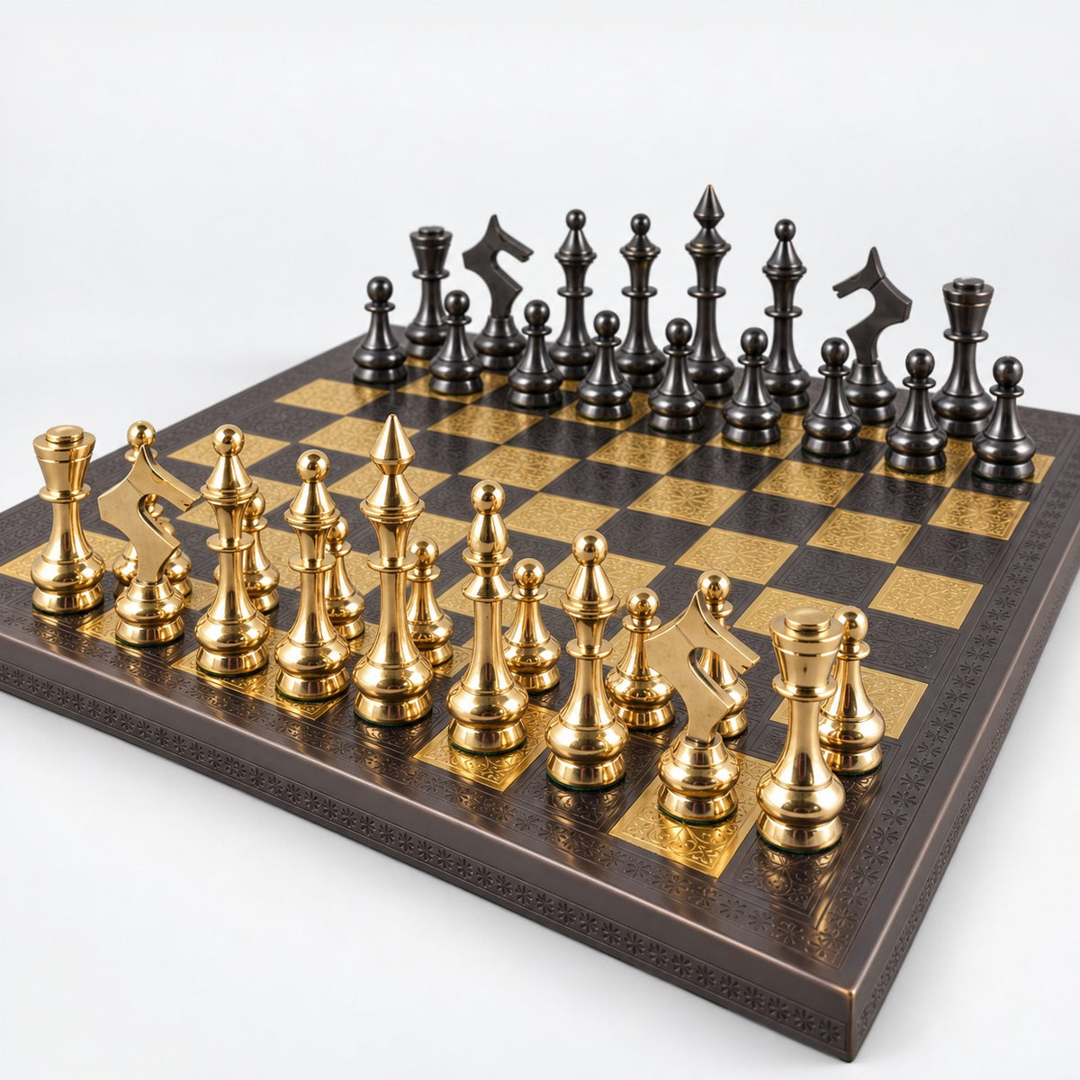 Luxury Soviet Brass Chess Set with Metal Pieces & Board - 12-Inch Steel Gray & Gold Edition - low angle view