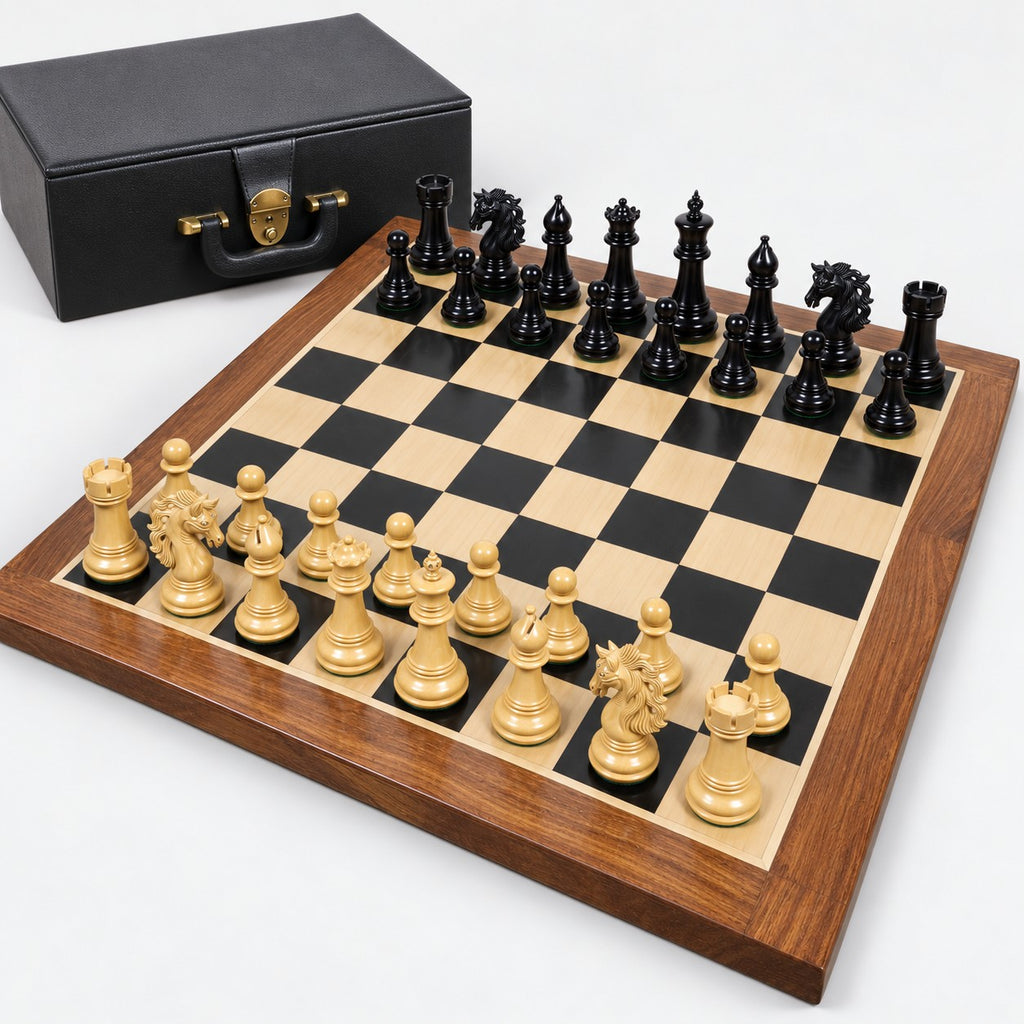 Luxury Spartacus Chess Set with 4.6-Inch Staunton Ebony Wood Pieces, 23-Inch Ebony & Maple Chessboard, and Storage Box - complete set