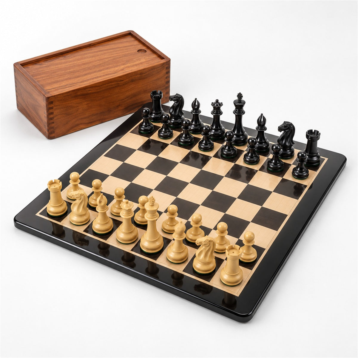 Luxury Staunton Chess Set with Ebony Wood Pieces, Board & Storage Box - complete set