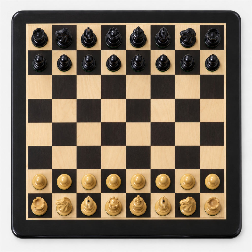 Luxury Staunton Chess Set with Ebony Wood Pieces, Board & Storage Box - chessboard top view