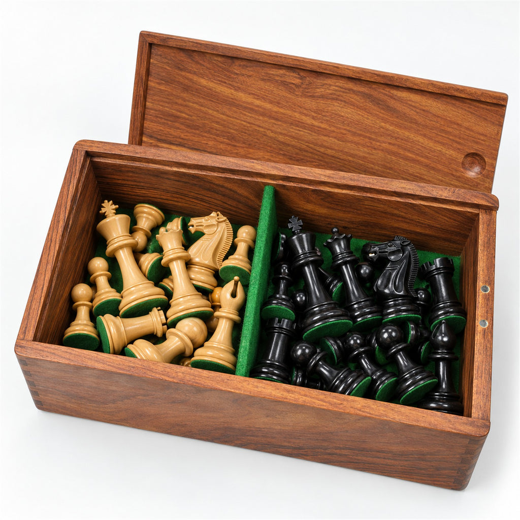 Luxury Staunton Chess Set with Ebony Wood Pieces, Board & Storage Box - storage box