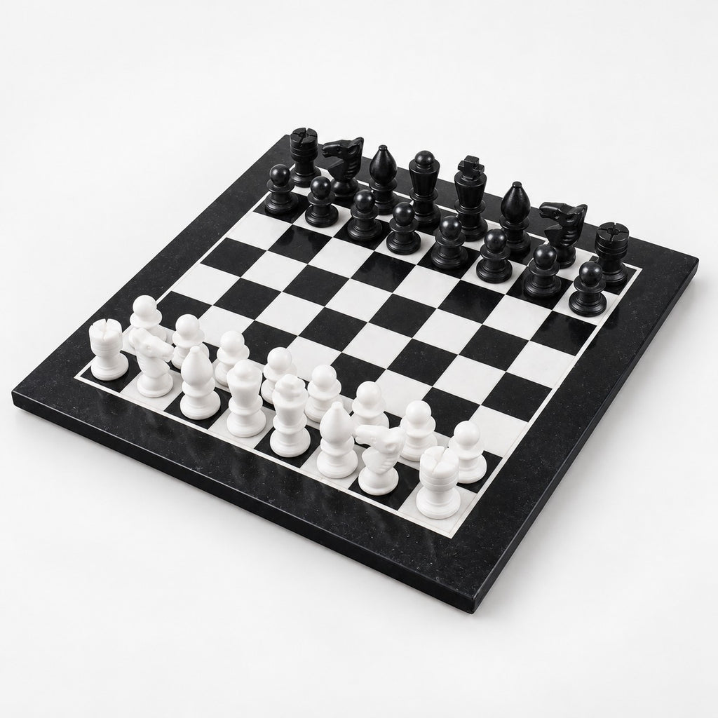 Minimalist Marble Stone Chess Set with Black & White Pieces, 12-Inch Board, Elegant Gift for Chess Lovers - complete set