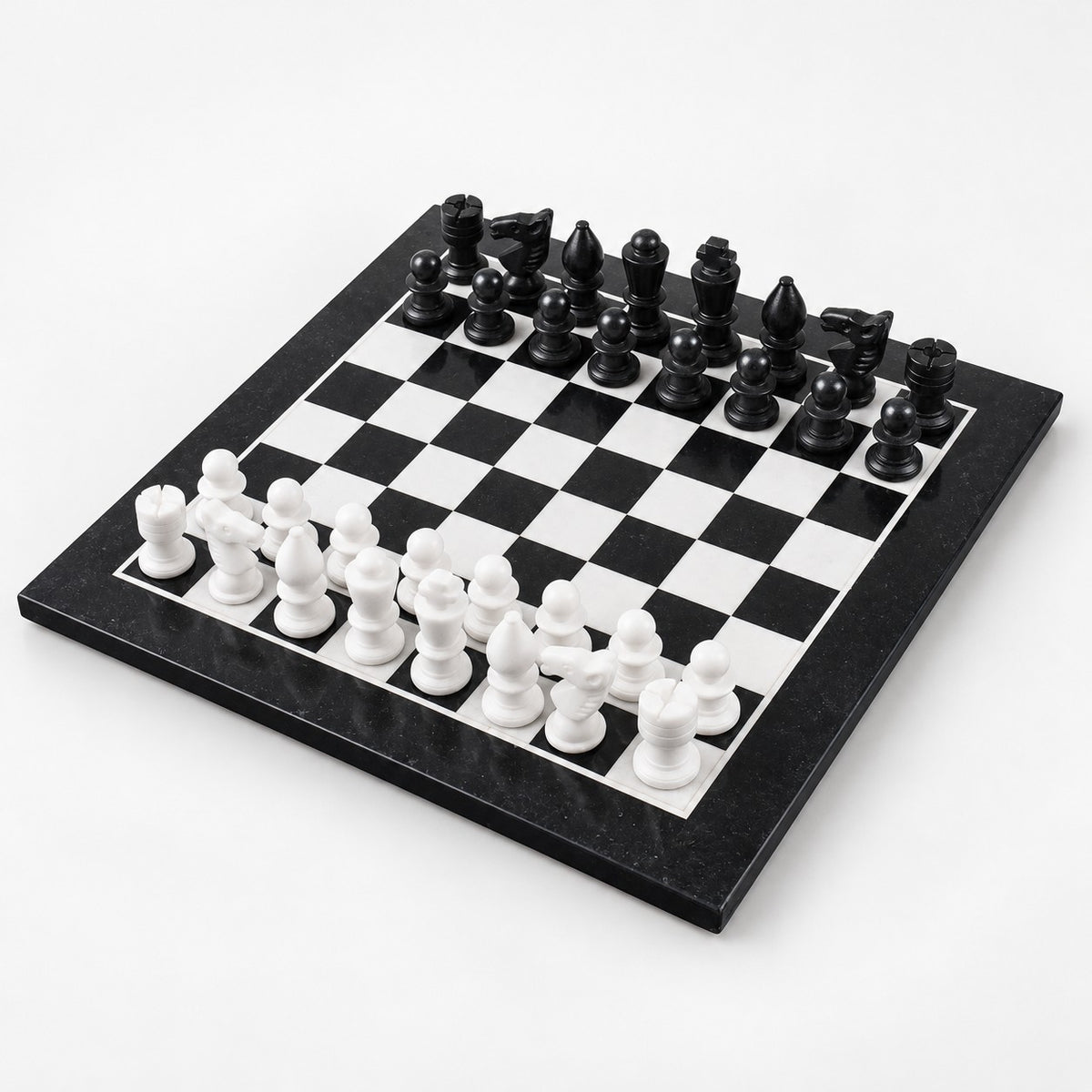 Minimalist Marble Stone Chess Set with Black & White Pieces, 12-Inch Board, Elegant Gift for Chess Lovers - complete set