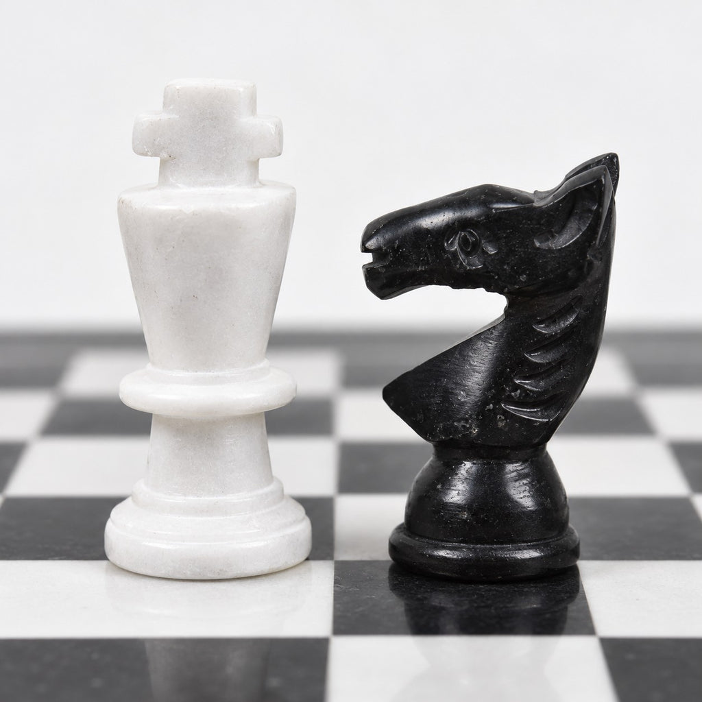 Minimalist Marble Stone Chess Set with Black & White Pieces, 12-Inch Board, Elegant Gift for Chess Lovers - king and knight close-up