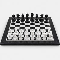 Minimalist Marble Stone Chess Set with Black & White Pieces, 12-Inch Board, Elegant Gift for Chess Lovers - low angle view