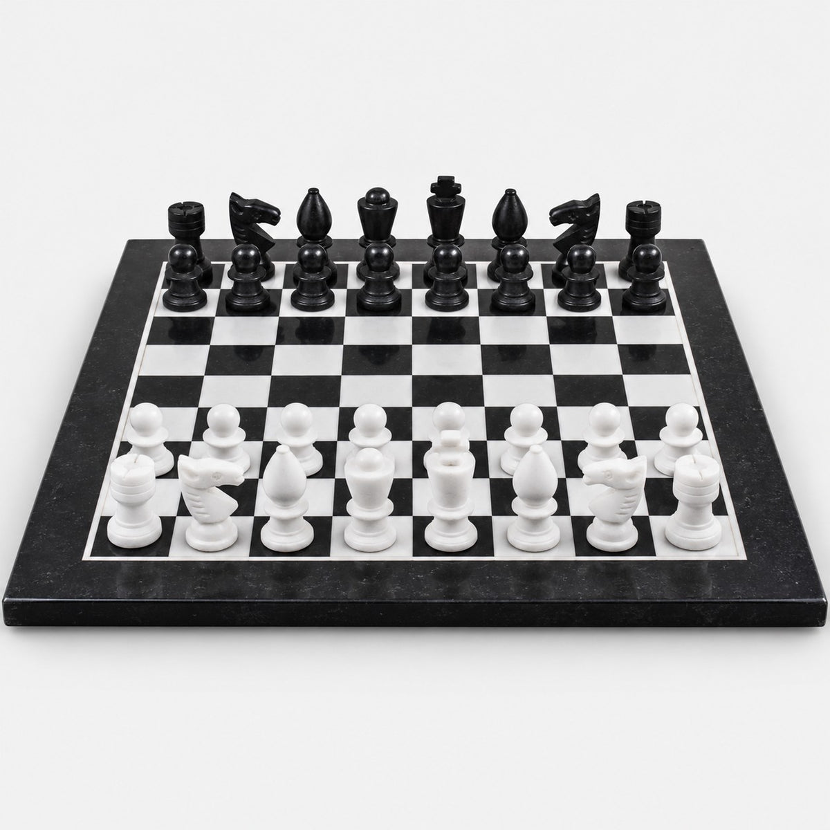 Minimalist Marble Stone Chess Set with Black & White Pieces, 12-Inch Board, Elegant Gift for Chess Lovers - low angle view