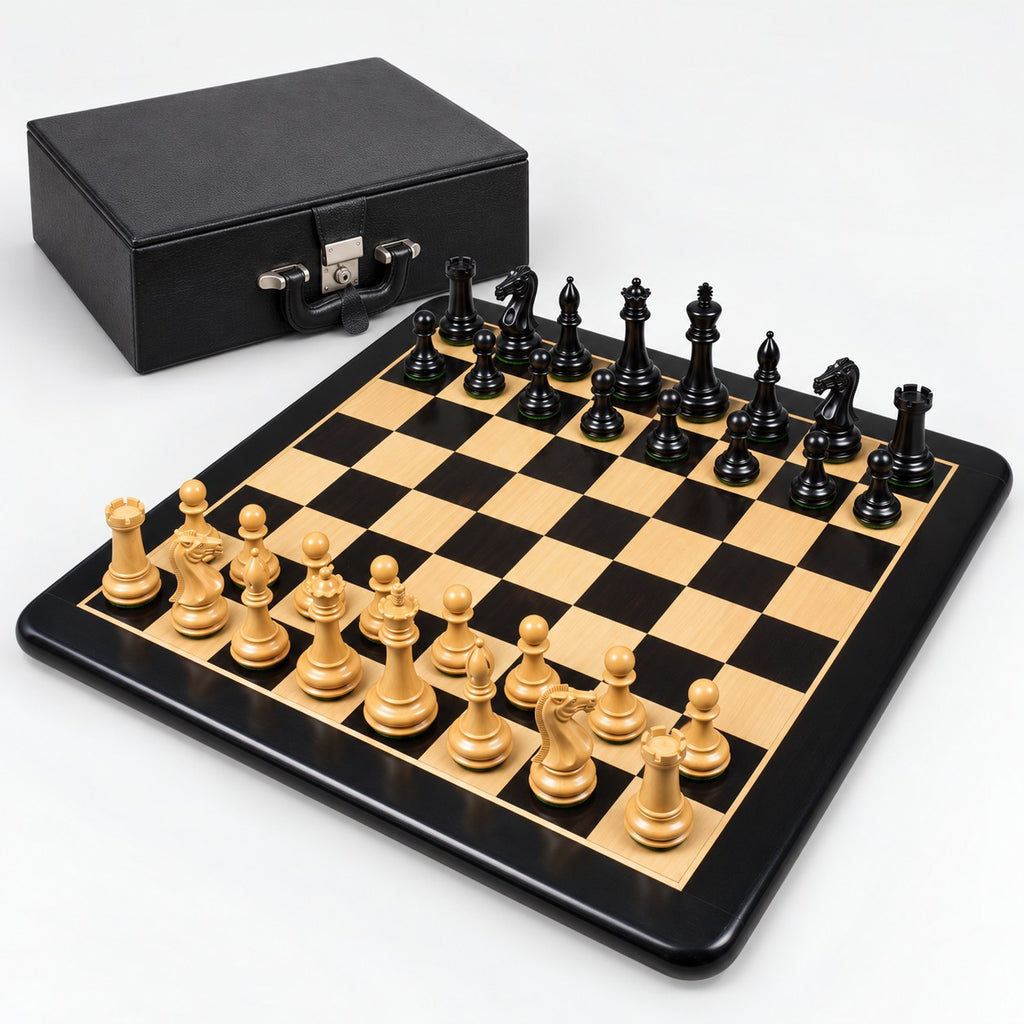 Premium Chamfered Base Staunton Chess Set - Ebony Wood Pieces with Board and Storage Box - complete set