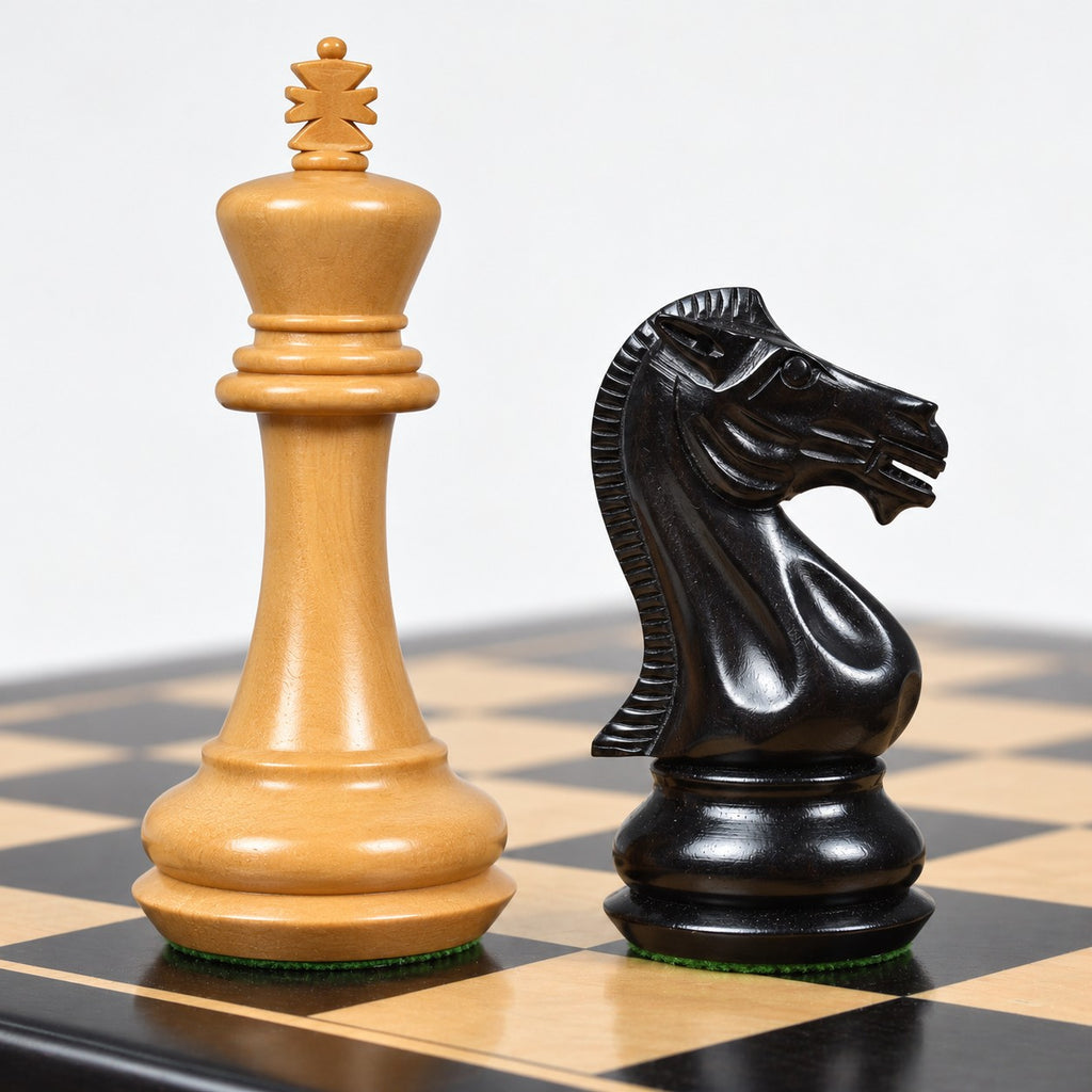 Premium Chamfered Base Staunton Chess Set - Ebony Wood Pieces with Board and Storage Box - king and knight close-up