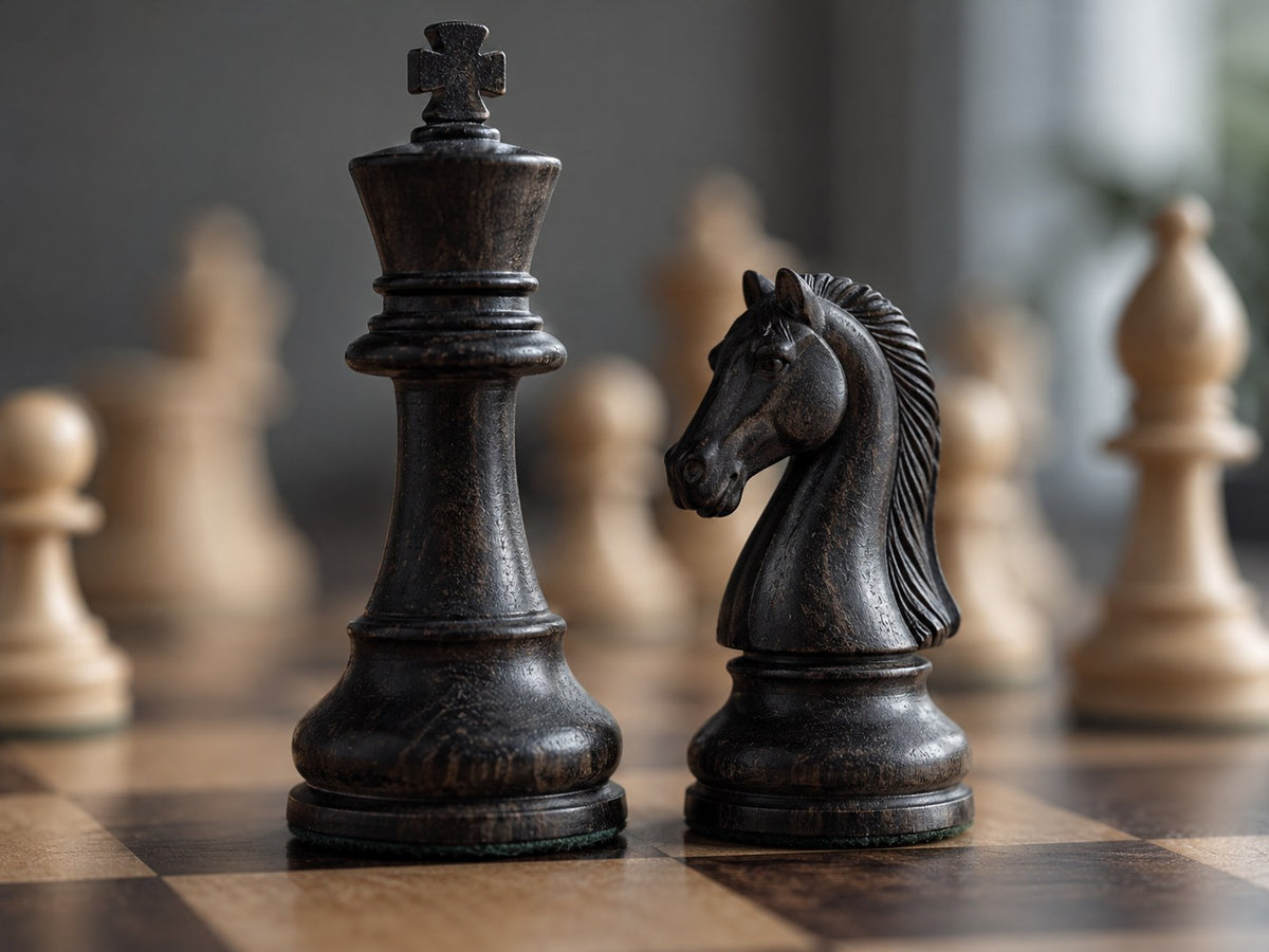 Wooden Staunton chess set on a living room table, a hand moving a knight