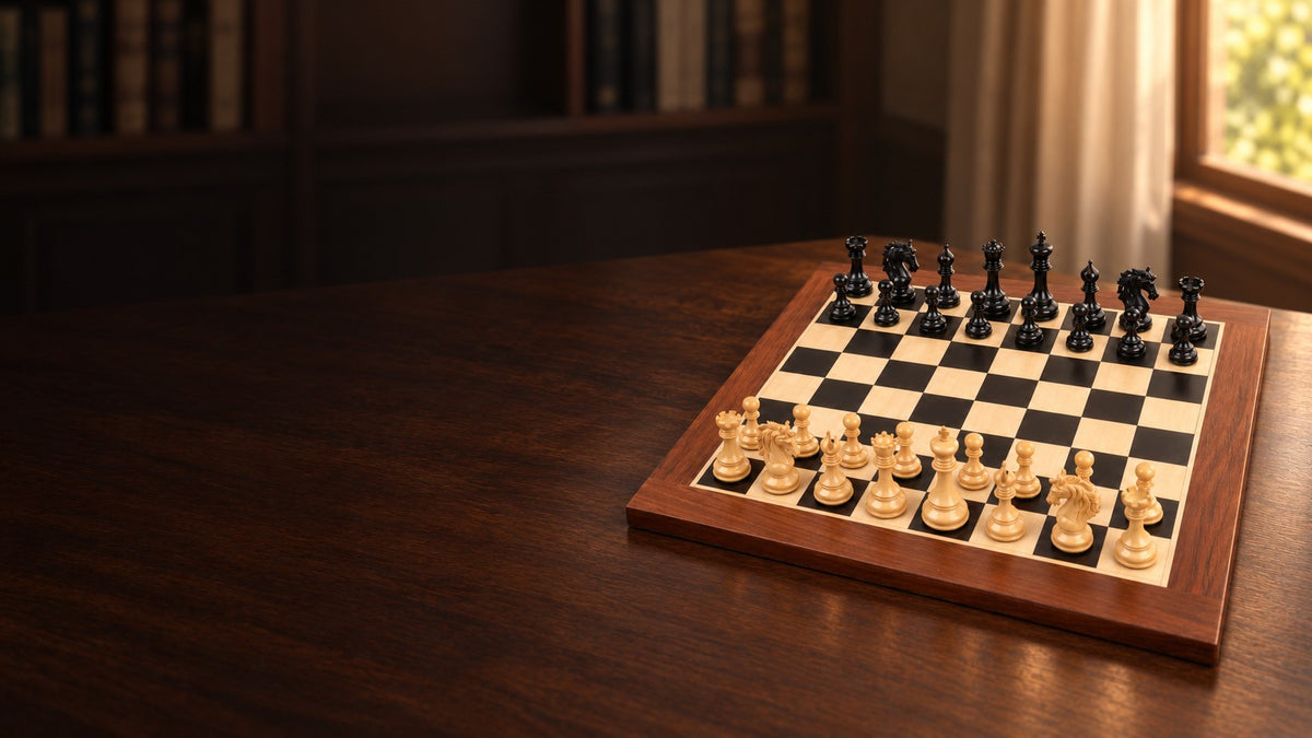 Handcrafted ebony and boxwood Staunton chess set on a walnut desk