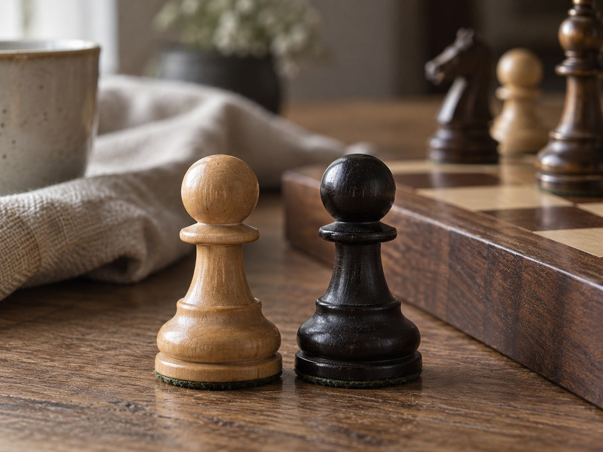 Boxwood and ebonized Staunton pawns beside a wooden chessboard
