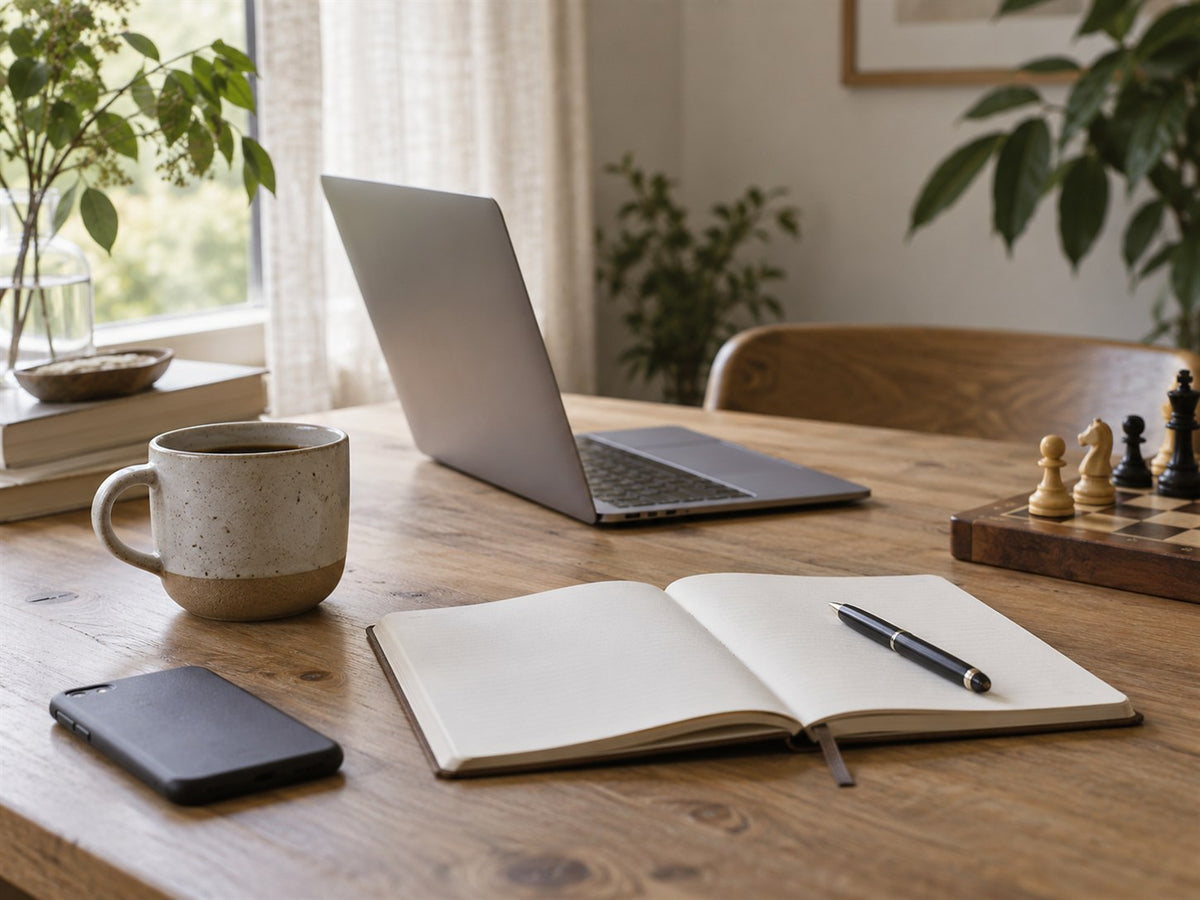 Desk with coffee, notebook and laptop next to a wooden chess set